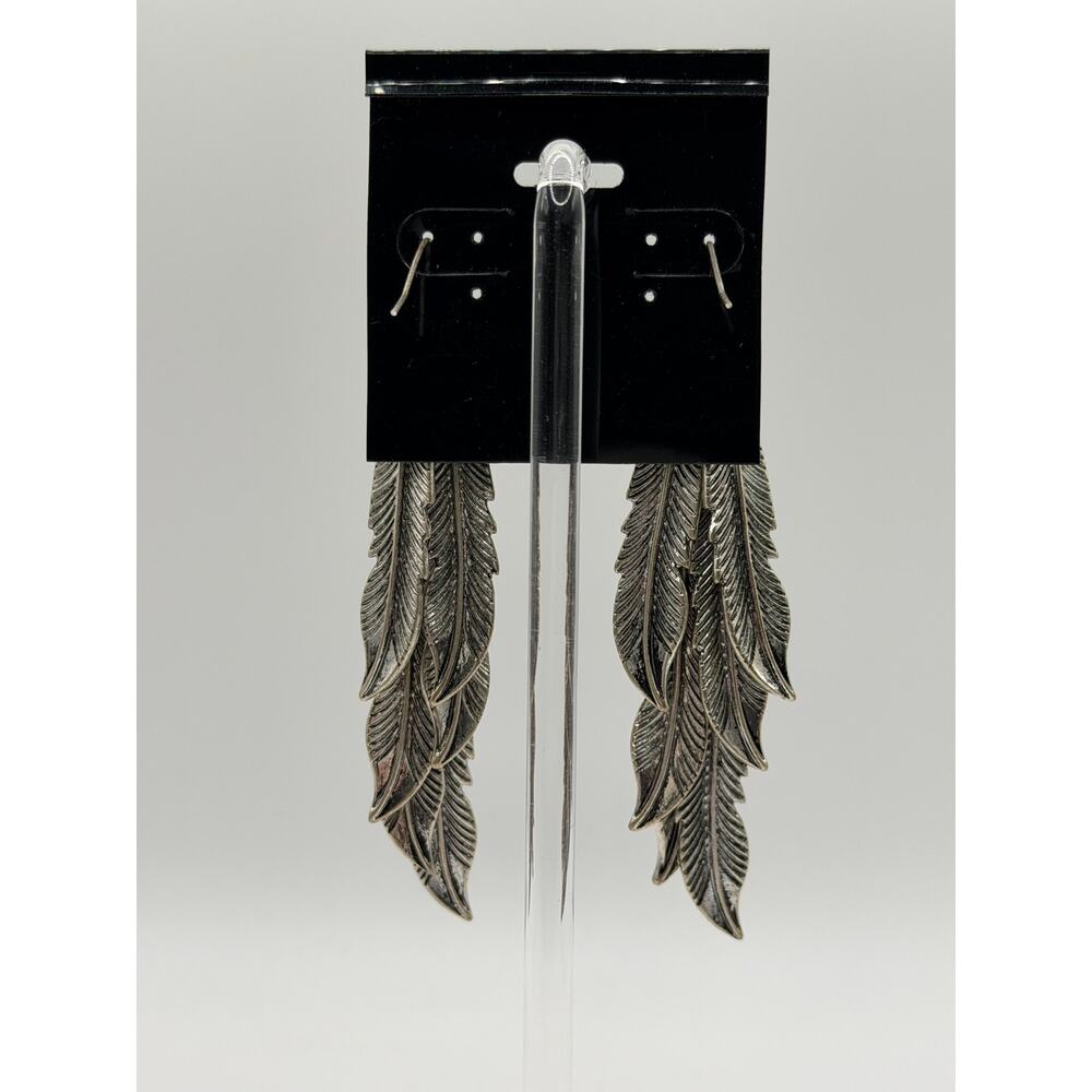Silver Feather Cascade Dangle Earrings with Turquoise Accent Boho - Picture 5 of 6